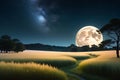 Full Moon Casting a Soft Glow Over a Tranquil Meadow: Night Scene with a Field of Tall, Whispering Grass