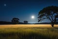 Full Moon Casting Soft Light Over a Meadow on a Clear Night: Long Grasses Gently Swaying in the Breeze