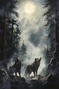 The full moon casts a silver glow on a watercolor forest where wolves prowl, an ideal book cover art. Royalty Free Stock Photo