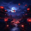 Full moon Chinese temple, road and hanging red Chinese Lanterns. Chinese New Year celebrations Royalty Free Stock Photo