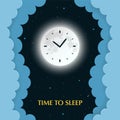 Full moon with clocks on the dark night background with stars and paper clouds with 3d effect. Sleep phases, circadian rhythms Royalty Free Stock Photo