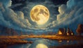 full moon between clouds over river Royalty Free Stock Photo