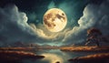 full moon between clouds over river Royalty Free Stock Photo