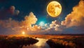 full moon between clouds over river Royalty Free Stock Photo