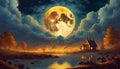 full moon between clouds over river Royalty Free Stock Photo