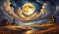 full moon between clouds over river Royalty Free Stock Photo