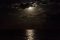 Full moon in a cloudy night sky reflecting moonlight on sea