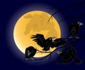 Full moon, a crow sitting on a dead black branches