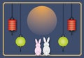 Full moon with cute rabbits, colour lantern and midnight background, Concept for mid autumn festival and greeting card. Royalty Free Stock Photo