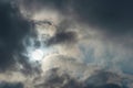 Full moon in dramatic cloudy sky. Frightening dark view of night sky Royalty Free Stock Photo