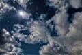Full moon dramatic sky moonlight midnight blue sky white clouds bright sun background. HDR style processing. up aerial view. Royalty Free Stock Photo