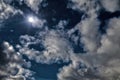 Full moon dramatic sky moonlight midnight blue sky white clouds bright sun background. HDR style processing. up aerial view.