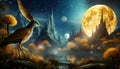 full moon with flying bird fairy tale background