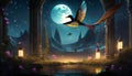 full moon with flying bird fairy tale background