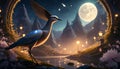 full moon with flying bird fairy tale background