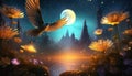 full moon with flying bird fairy tale background