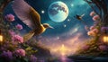 full moon with flying bird fairy tale background