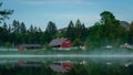 Full Moon And Fog Over Farm Along Mud Bay