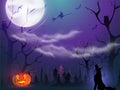 Full moon forest view background with spooky jack-o-lantern. Royalty Free Stock Photo