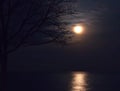 Full Moon Glowing Through Clouds Over Lake Michigan