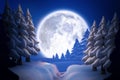 Full moon is glowing over snowy forest clearing in flat illustration featuring snow-packed path Royalty Free Stock Photo