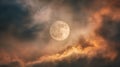 Full moon glowing softly through dramatic orange and gray clouds during twilight creating a mystical and serene night sky Royalty Free Stock Photo