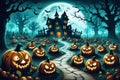 full moon on Halloween night glows on haunted house and pumpkin Royalty Free Stock Photo