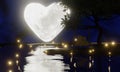 Full moon heart shape  night, but only half of the moon can be seen.The reflection of the moon on the river at night. The tree Royalty Free Stock Photo