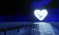 Full moon, heart shape at night was full of stars and a faint mist. A wooden bridge extended into the sea. Fantasy image at night Royalty Free Stock Photo