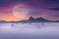 Full moon on idyllic fantasy scenery and misty scene