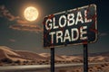 Full moon illuminates desert with cracked global trade sign at night Royalty Free Stock Photo
