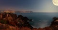 The full moon illuminates the entire Mazarron Bay in the middle of the night. Royalty Free Stock Photo