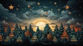 The full moon illuminates the forest and houses beneath a cloudy sky Royalty Free Stock Photo