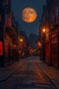 A full moon illuminates the streets of the historic Shambles in York North, casting a soft glow on the old buildings and