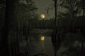 Full moon illuminating a swamp at night. Royalty Free Stock Photo