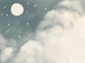 Full moon illustration. Starry night sky with clouds hand drawn in cartoon simple primitive style banner with place for text Royalty Free Stock Photo