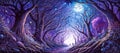 Full moon in the night forest. Fantasy landscape. Horizontal painting in purple tones