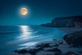 Full moon night, sea landscape, bright and serene coastal panorama Royalty Free Stock Photo