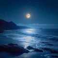 Full moon night, sea landscape, bright and serene coastal panorama