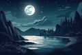 Full moon night seascape. Starry sky with clouds and moonlight reflection in dark water surface, cartoon illustration. Generative Royalty Free Stock Photo