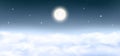 Full Moon on the night sky background with shining stars, comets, shooting stars, realistic fluffy clouds. Royalty Free Stock Photo