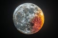 The full moon in the night sky is half covered by red, reddishbrown, orange and yellow light of eclipse with black background Royalty Free Stock Photo