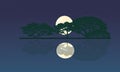 Full moon in night sky with stars and clouds above trees and pond reflecting starlight background.