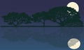 Full moon in night sky with stars and clouds above trees and pond reflecting starlight background.