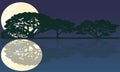 Full moon in night sky with stars and clouds above trees and pond reflecting starlight background.