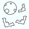 Full moon night thin line icon. Sun shined side planet with wild bats around. Halloween vector design concept, outline