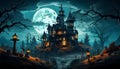 Full moon nighttime,dark landscape castles and graveyards filled, ghostly mystical fog,bats flying in sky,pumpkin heads and dead Royalty Free Stock Photo