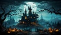 Full moon nighttime,dark landscape castles and graveyards filled, ghostly mystical fog,bats flying in sky,pumpkin heads and dead Royalty Free Stock Photo