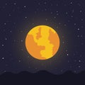 Full moon outer space universe planet vector illustration , large yellow, dark spots on the surface, gray satellite, with dark spo