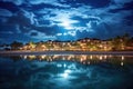 full moon over beach resort under peaceful night sky